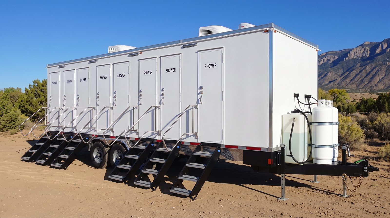 Private 8-station shower trailer rental parked in Albuquerque, NM