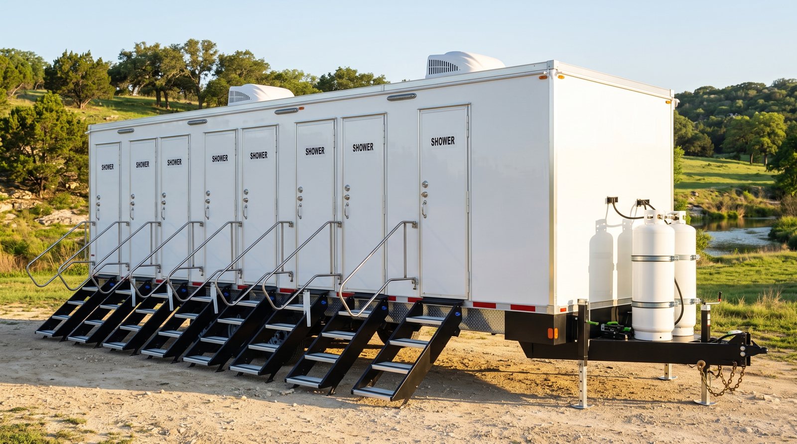 Private 8-station shower trailer rental parked in Austin, TX
