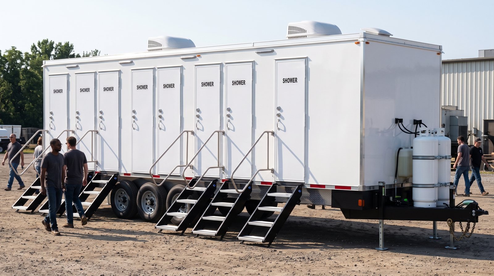 8-station shower trailer in a gravel lot beside a metal building, with several crew members walking past