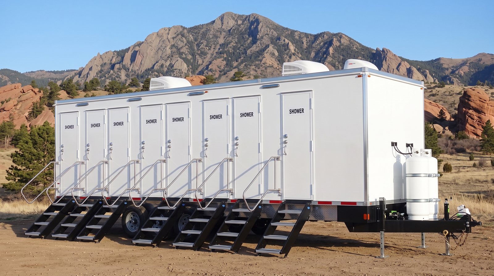 Private 8-station shower trailer rental parked in Colorado Springs, CO