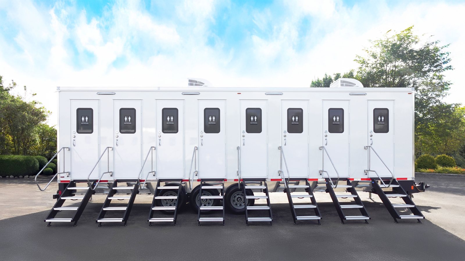The 8-Station Private Stall Deluxe Restroom Trailer, available for Fontana-area events