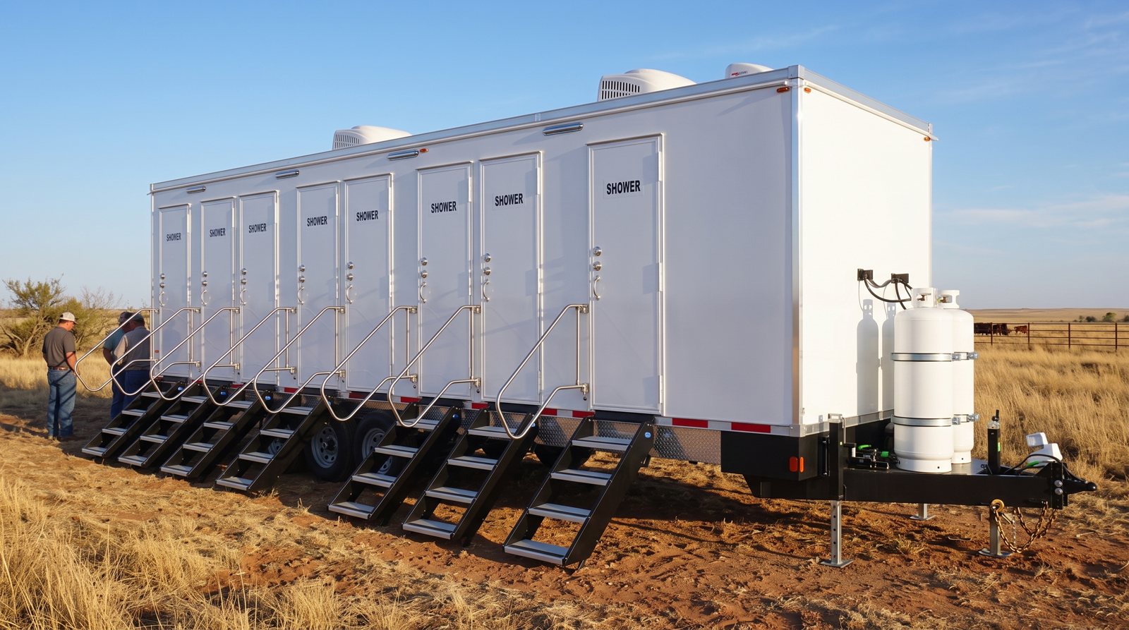 Private 8-station shower trailer rental parked in Fort Worth, TX