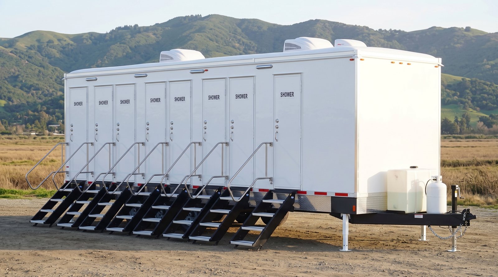Private 8-station shower trailer rental parked in Fremont, CA