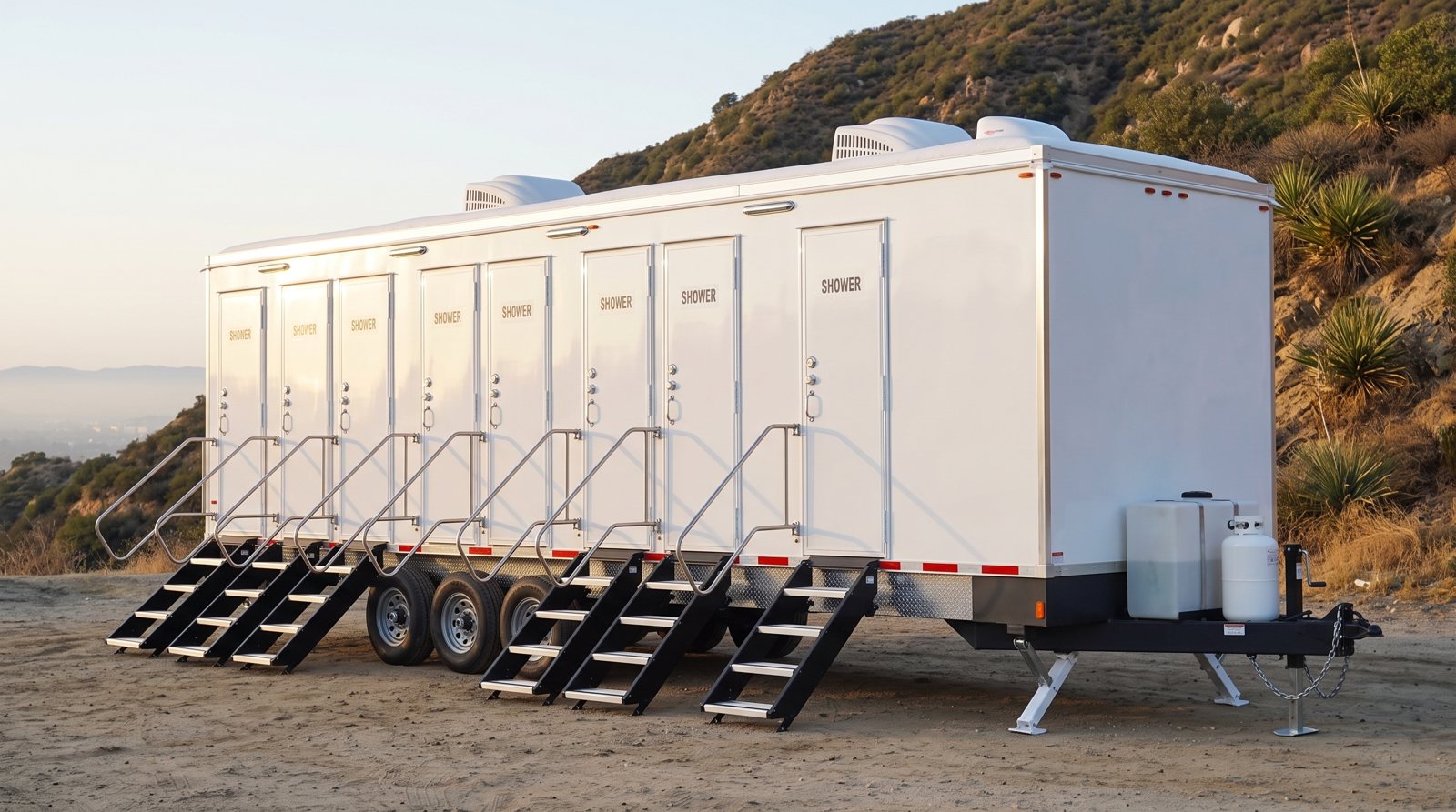 Private 8-station shower trailer rental parked in Glendale, CA