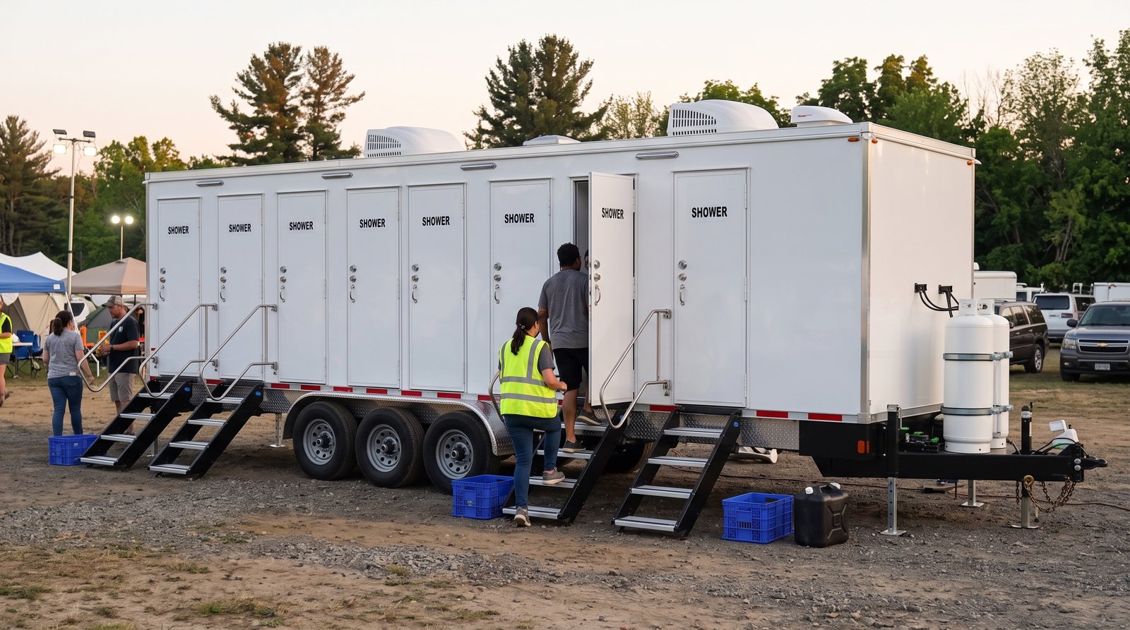 Shower trailer staged for a repeat national client, the East Bay shoreline
