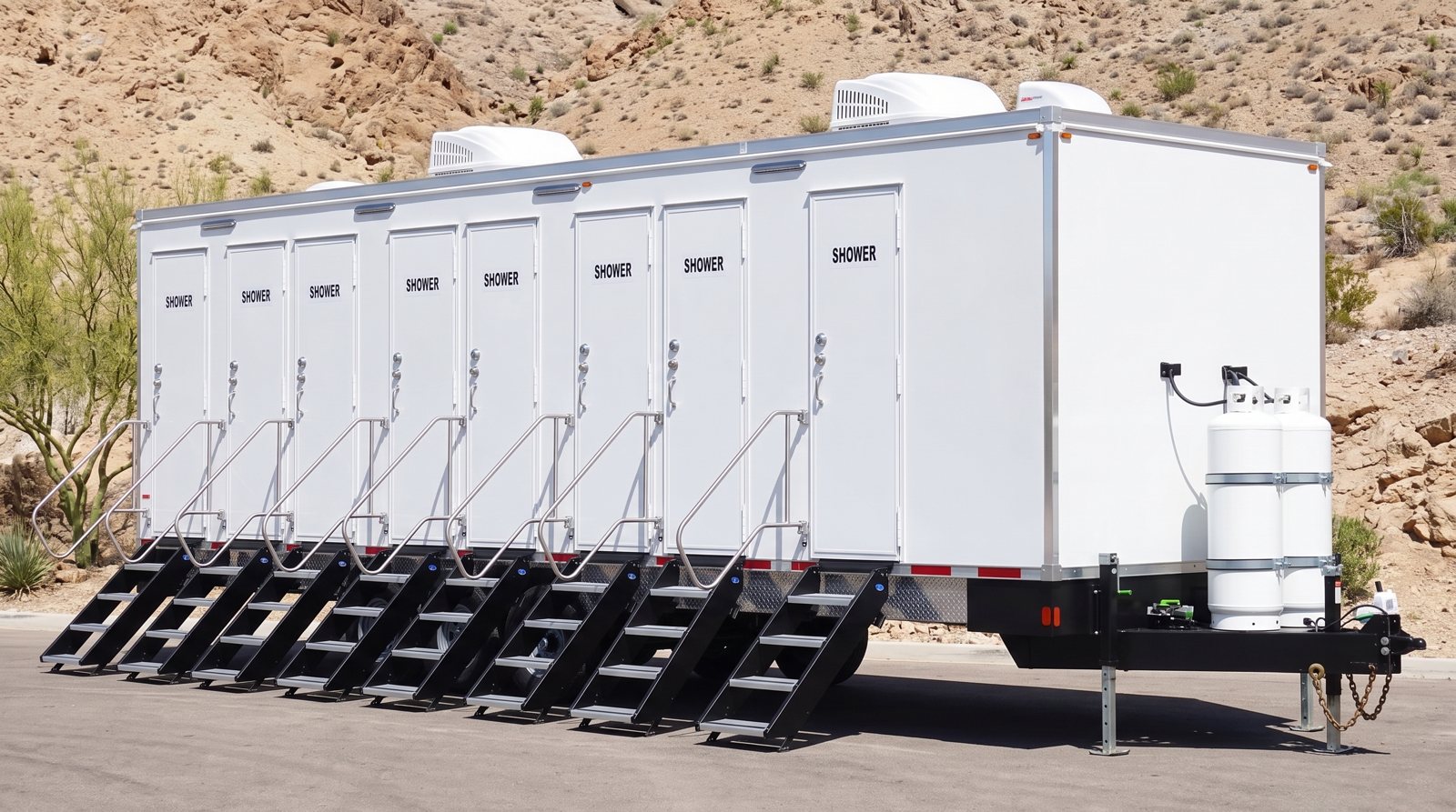Private 8-station shower trailer rental parked in Henderson, NV
