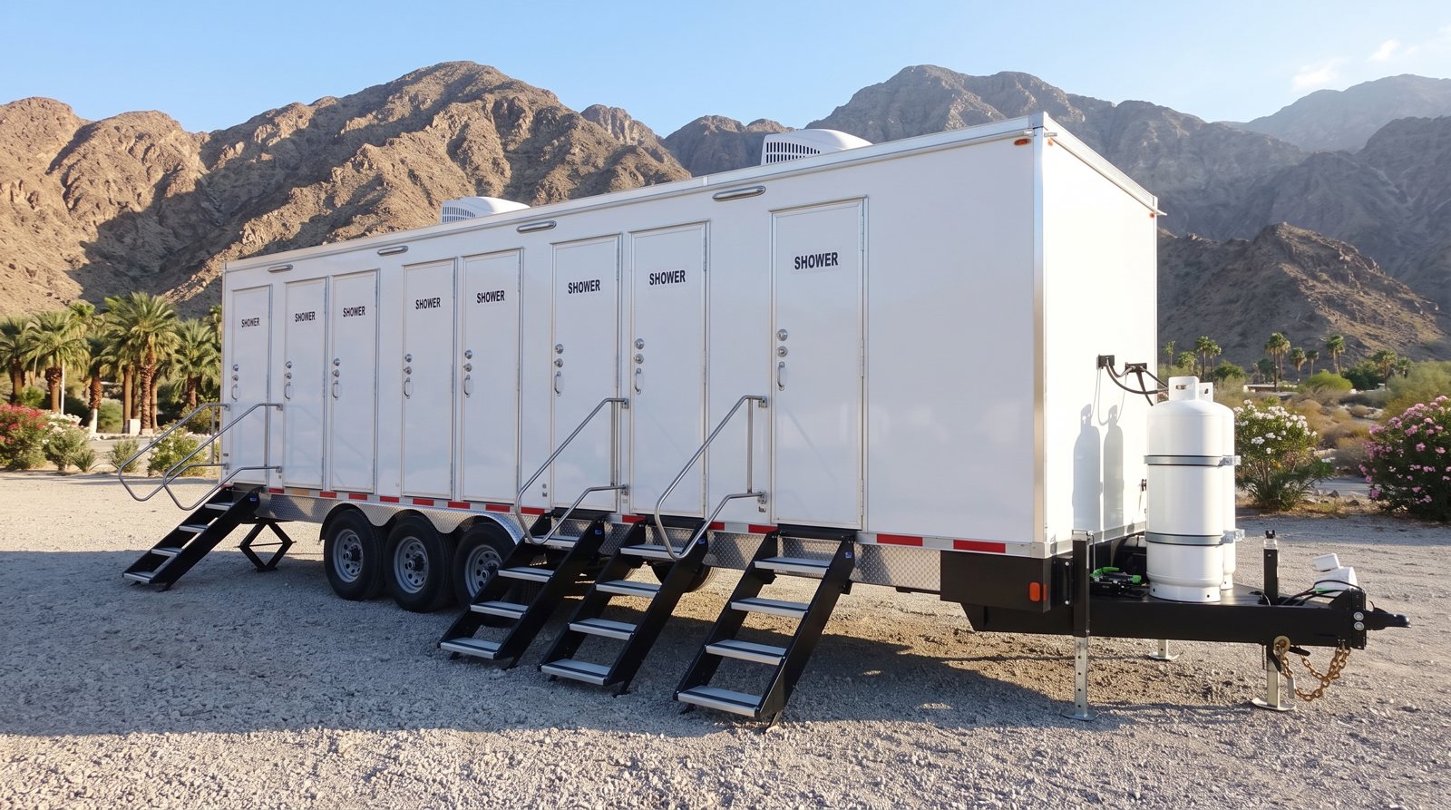 Private 8-station shower trailer rental parked in La Quinta, CA