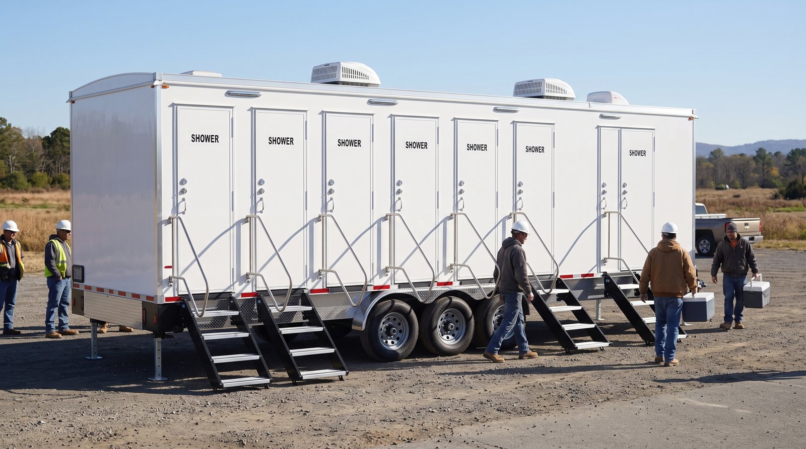 Lavatory shower trailer staged for a national account near Rosamond, the Antelope Valley
