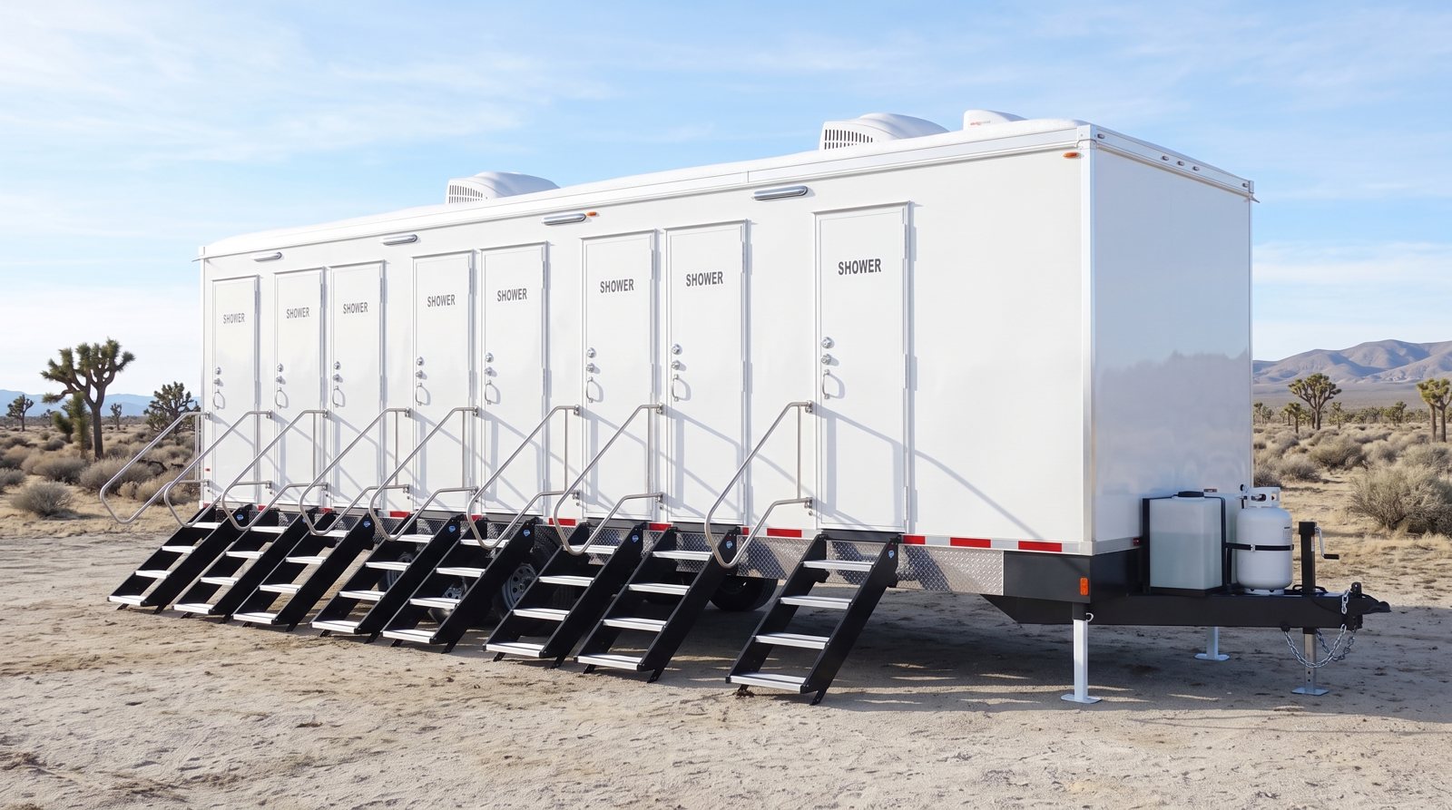 Private 8-station shower trailer rental parked in Lancaster, CA