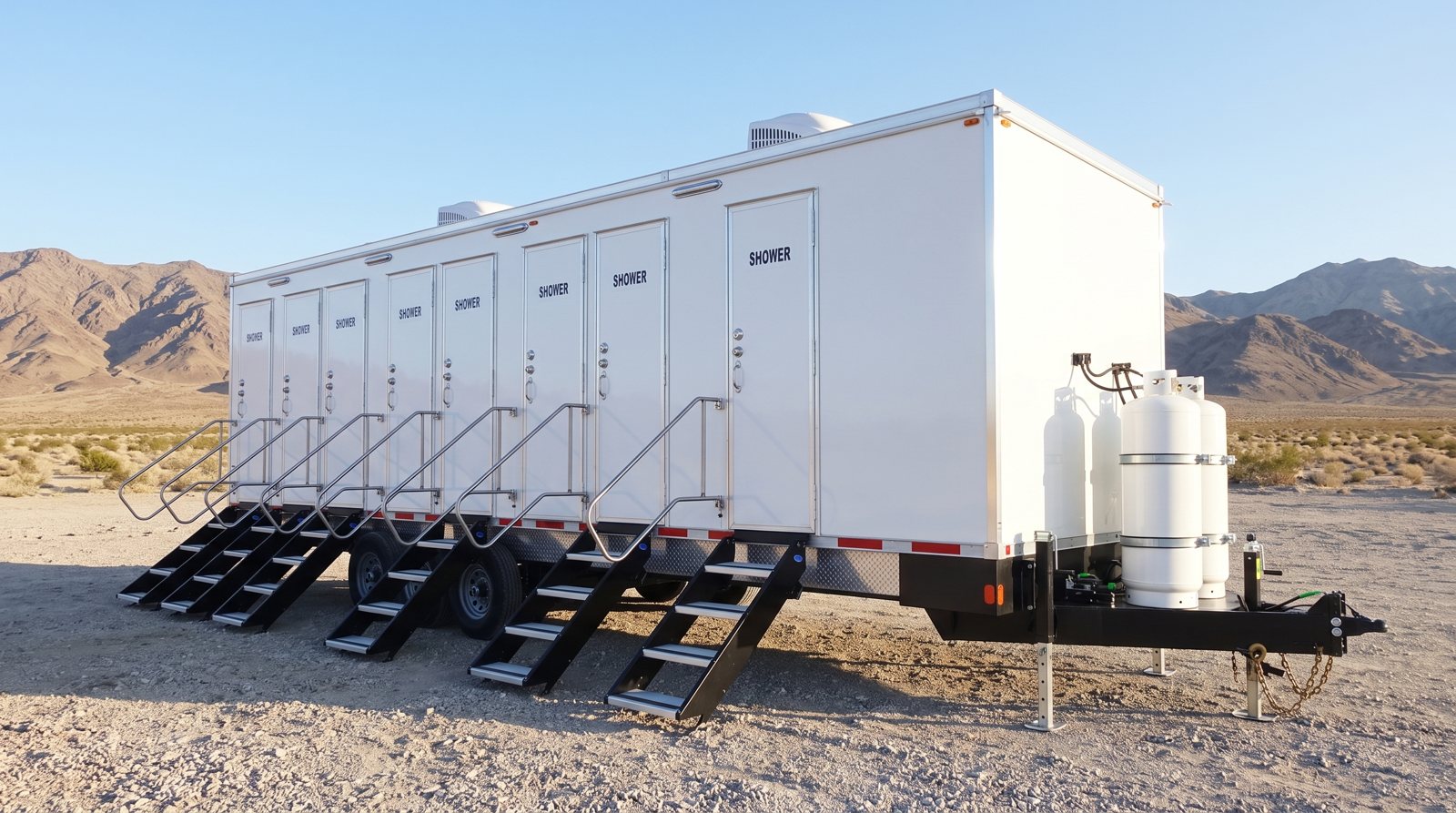 Private 8-station shower trailer rental parked in Las Vegas, NV