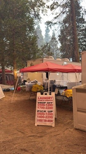 Laundry trailer staged outside Los Angeles, wider view