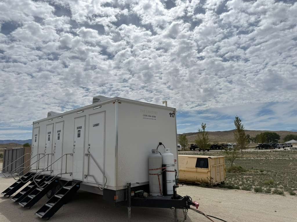 4-Station Restroom, Shower and Laundry Combo staged for South Bay jobs