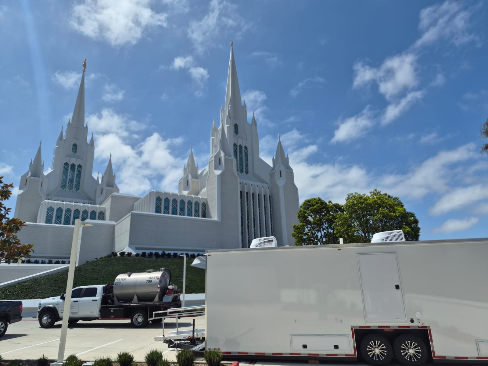 A Lavatory luxury restroom trailer staged near the San Diego California Temple, in the greater San Diego area