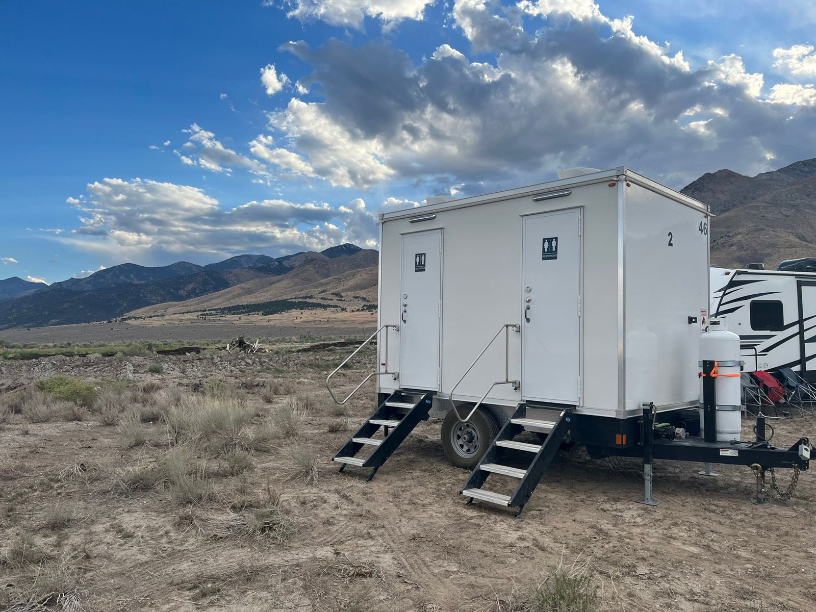 The 2-Station Restroom Trailer, our compact luxury unit, available for Fremont-area events