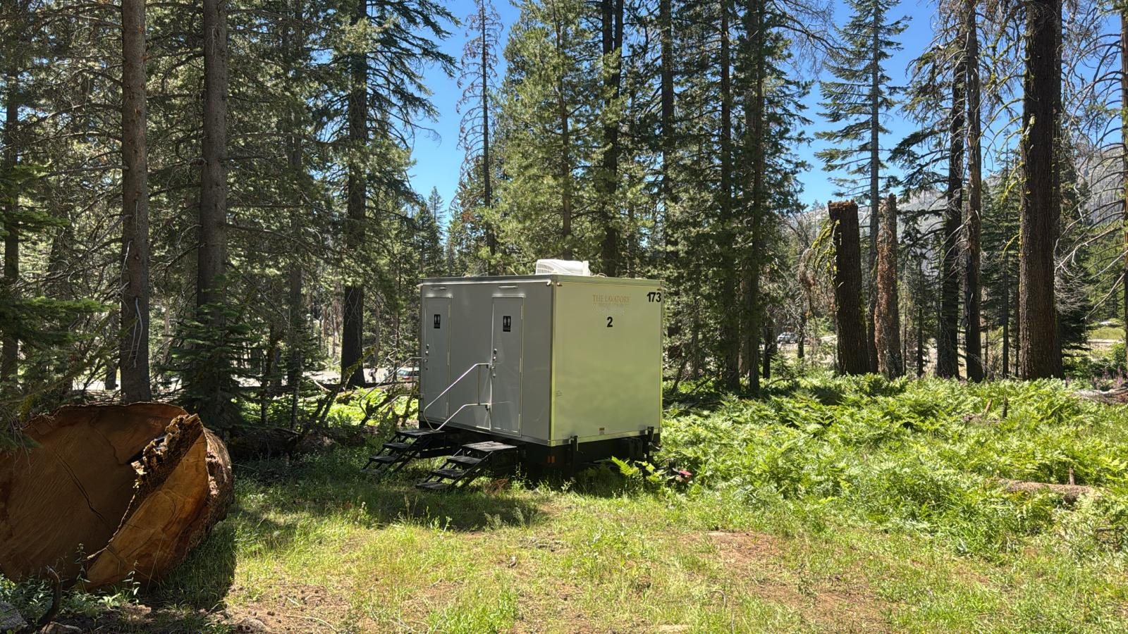 A Lavatory 2-Station restroom trailer standing in a sunny clearing among tall pine and fir trees, with ferns around it and a cut log in front