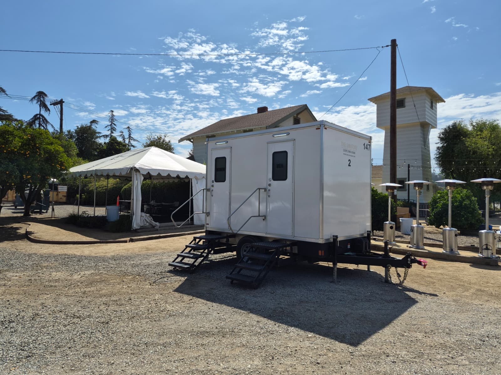 2 station restroom trailer in the desert jobsite, a Sandy restroom trailer rental job
