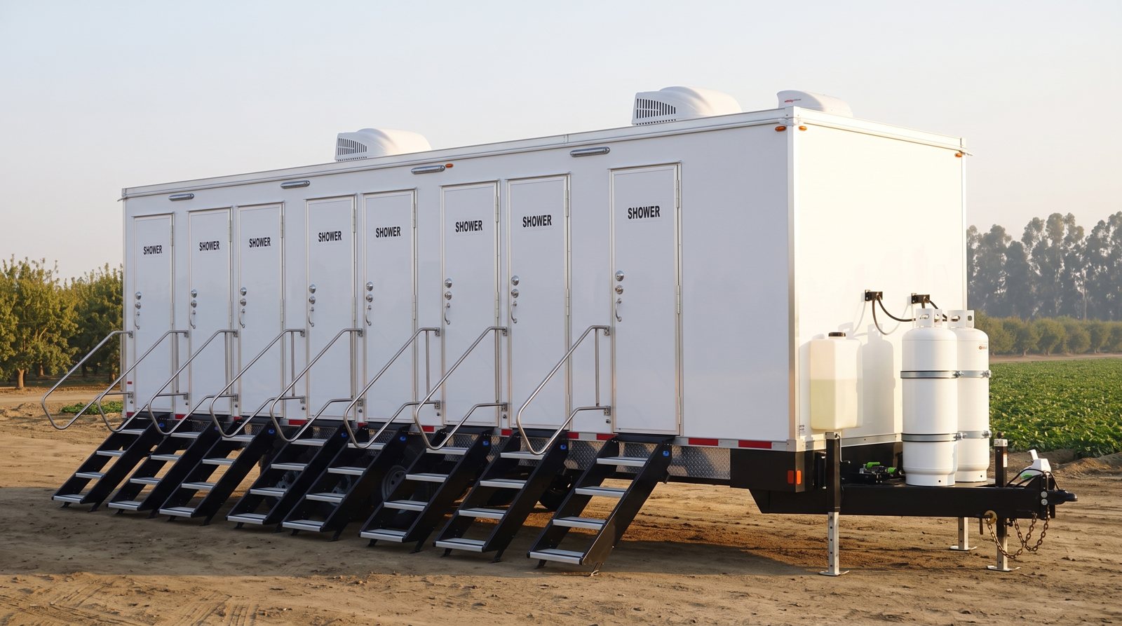 Private 8-station shower trailer rental parked in Manteca, CA