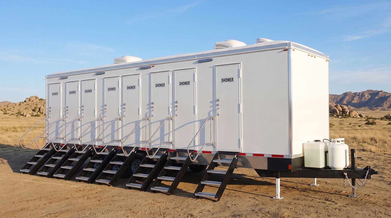 Private 8-station shower trailer rental parked in Moreno Valley, CA