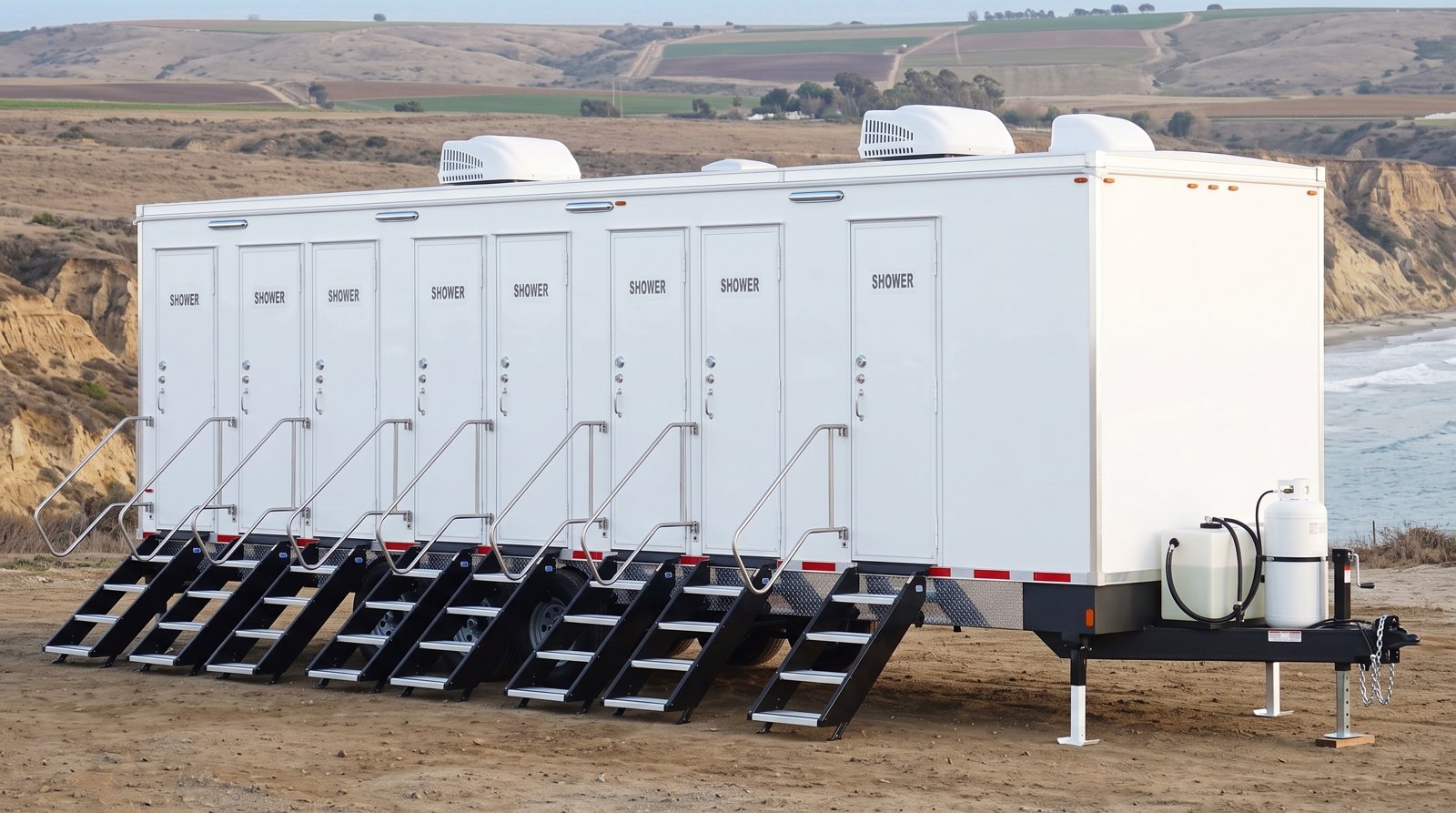 Private 8-station shower trailer rental parked in Oceanside, CA