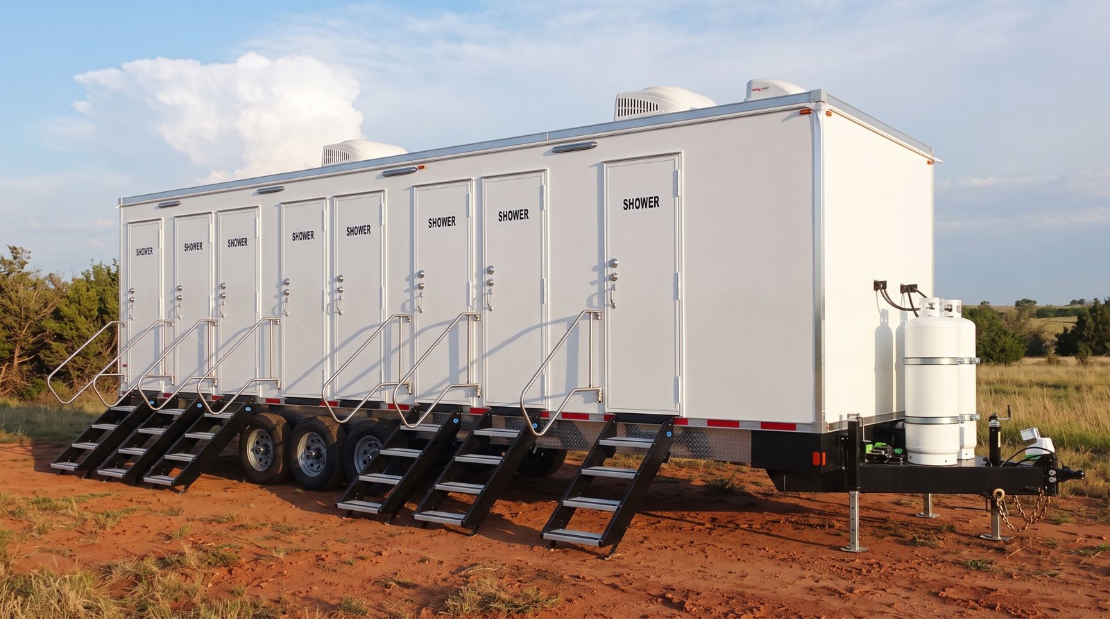 Private 8-station shower trailer rental parked in Oklahoma City, OK