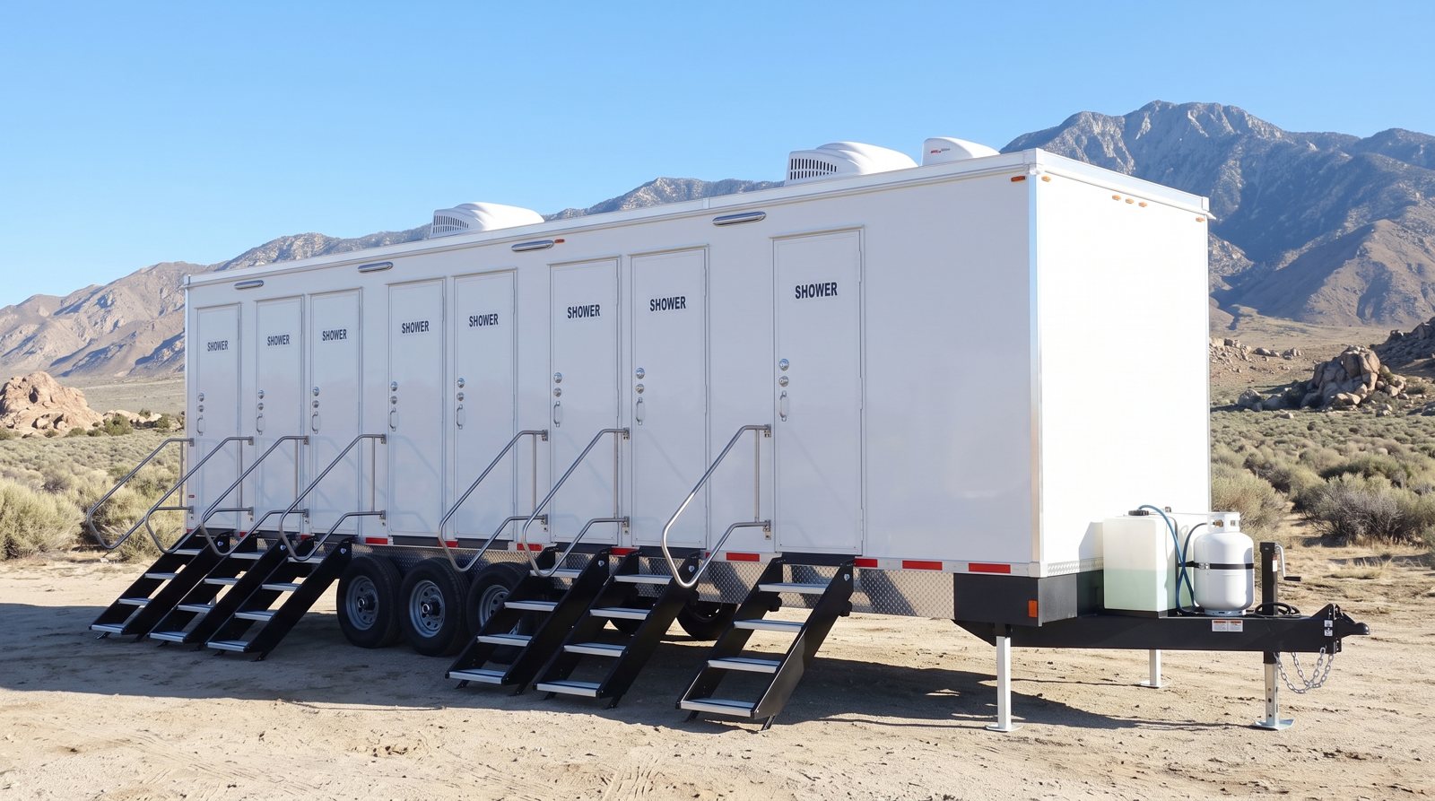 Private 8-station shower trailer rental parked in Palmdale, CA