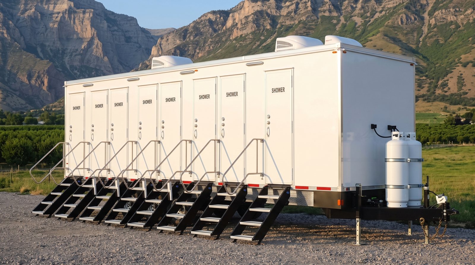 Private 8-station shower trailer rental parked in Provo, UT