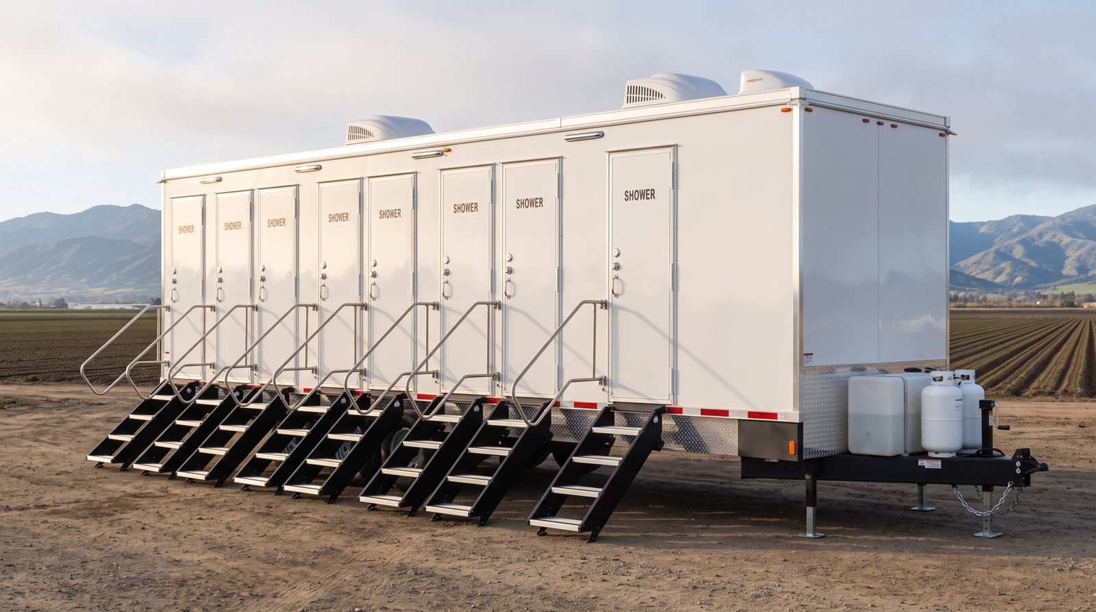 Private 8-station shower trailer rental parked in Salinas, CA