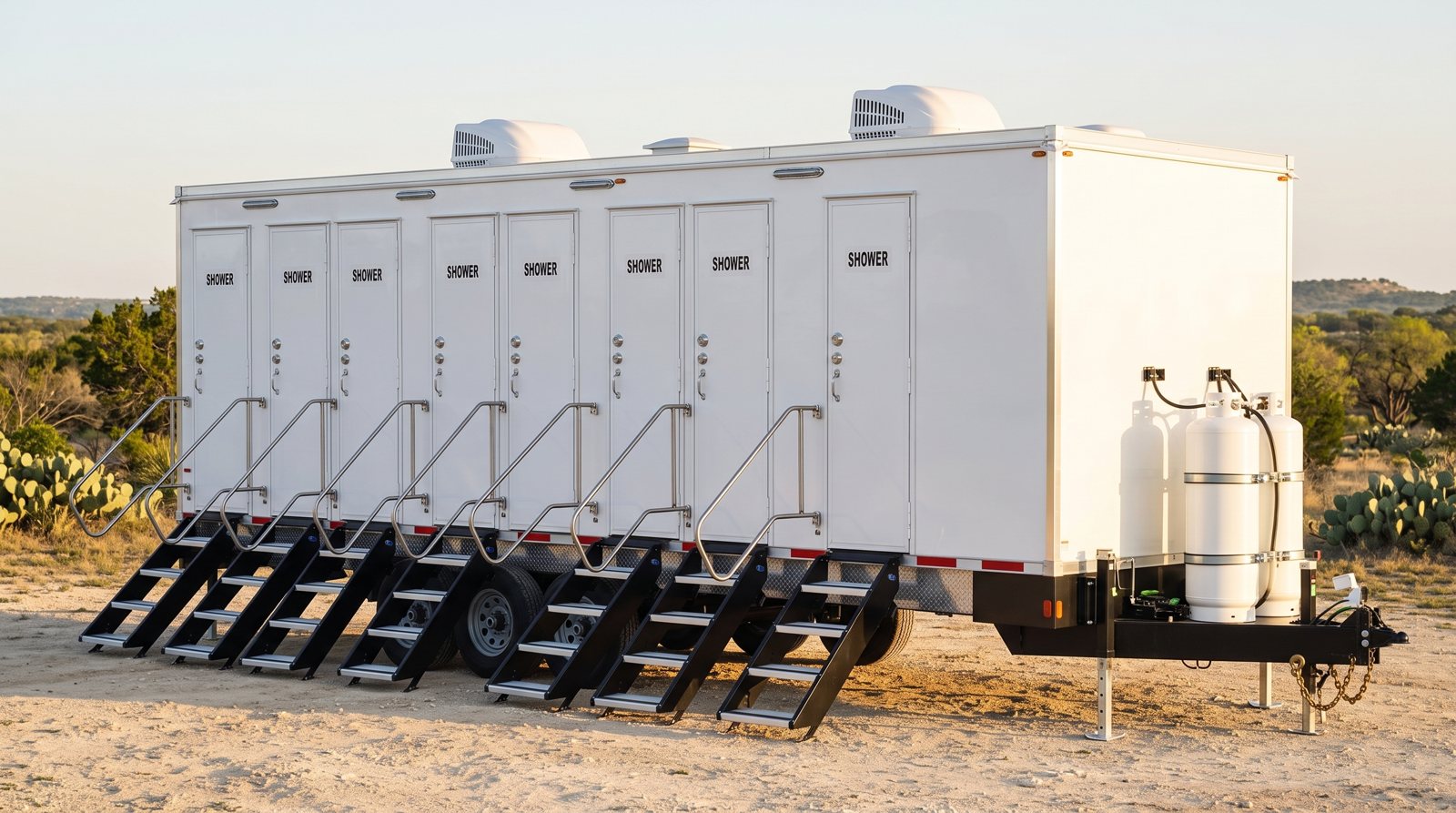 Private 8-station shower trailer rental parked in San Antonio, TX