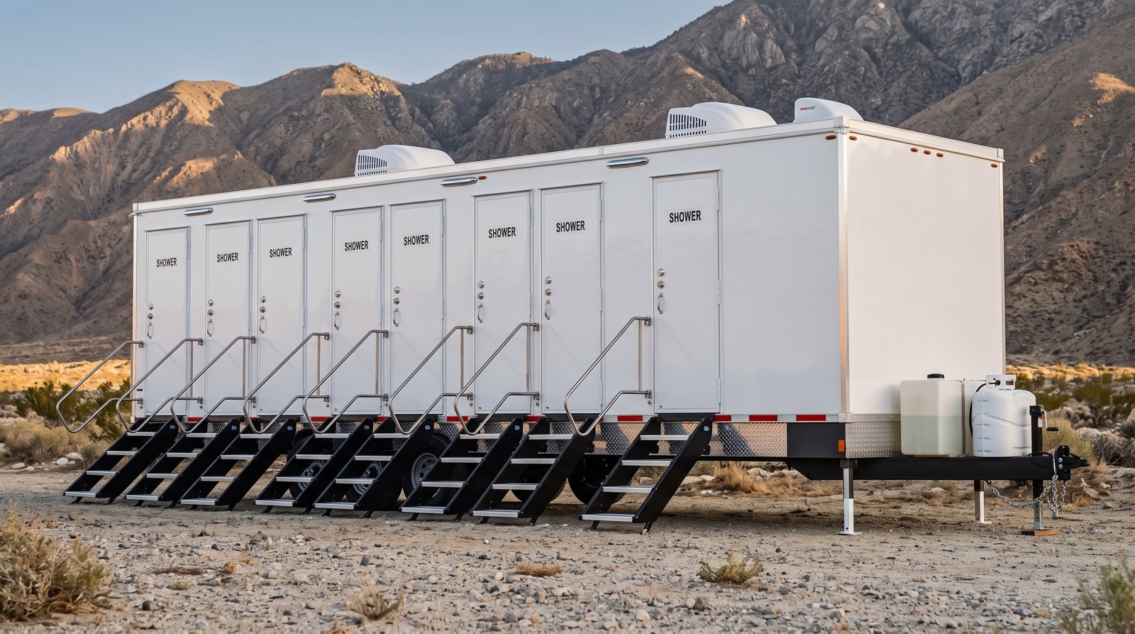 Private 8-station shower trailer rental parked in San Bernardino, CA
