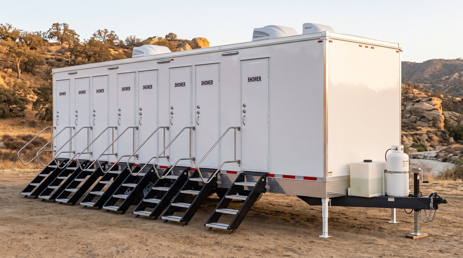 Private 8-station shower trailer rental parked in Santa Clarita, CA