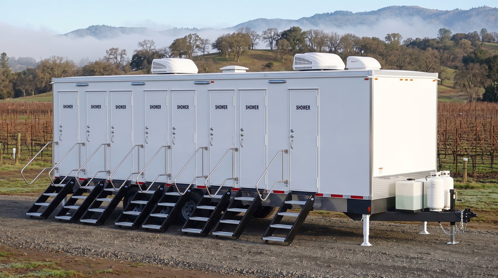 Private 8-station shower trailer rental parked in Santa Rosa, CA