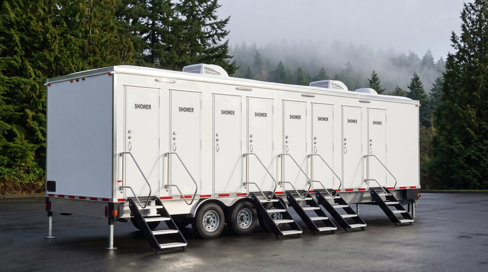Private 8-station shower trailer rental parked in Seattle, WA