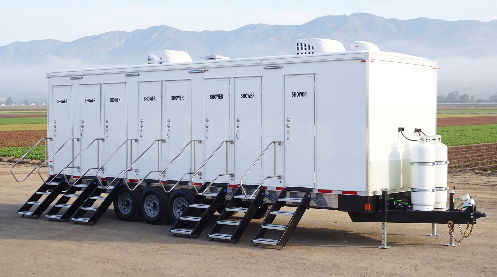 Private 8-station shower trailer rental parked in Camarillo, CA