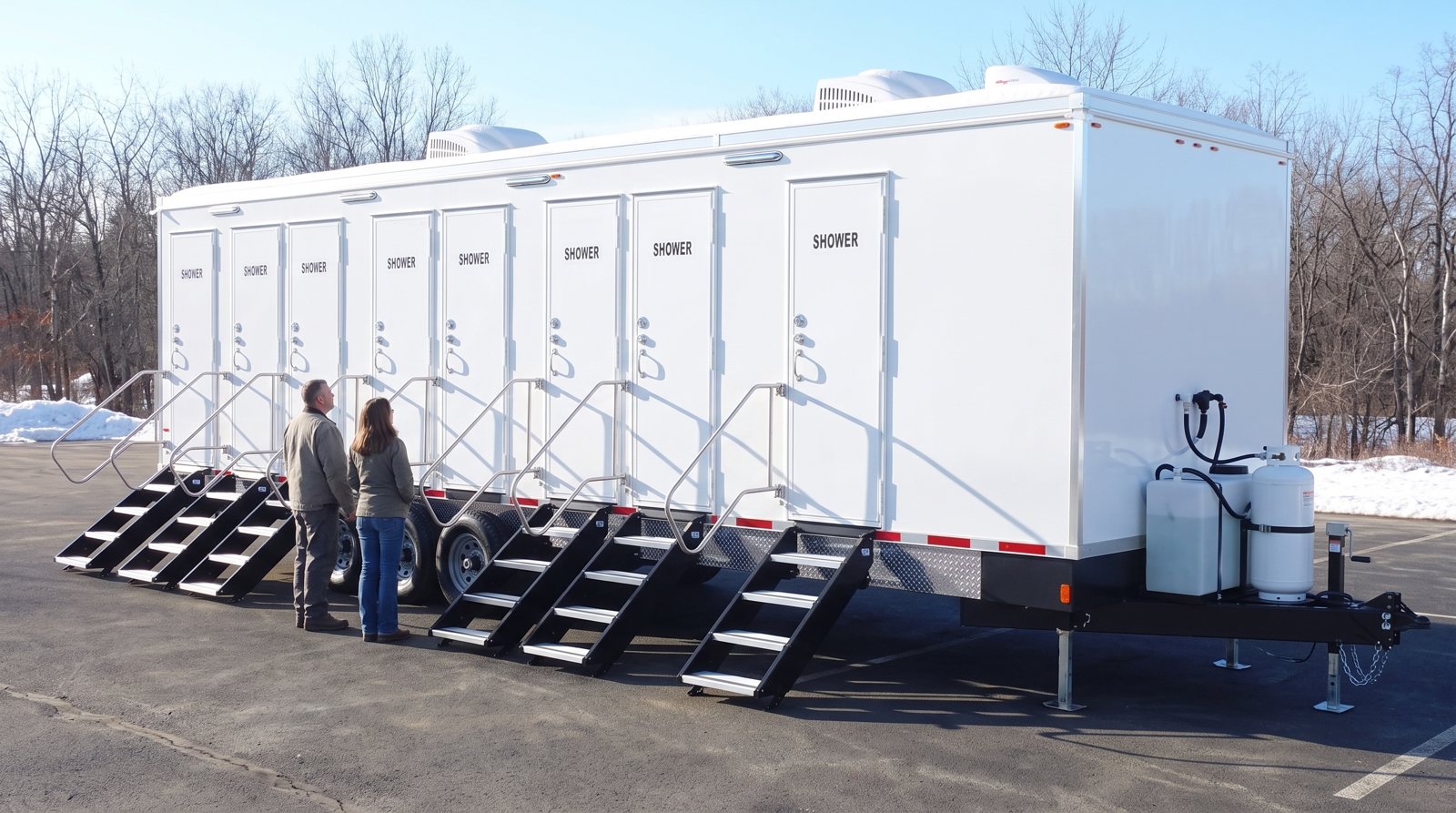 Private shower trailer staged for a booking in the northwest Riverside County area