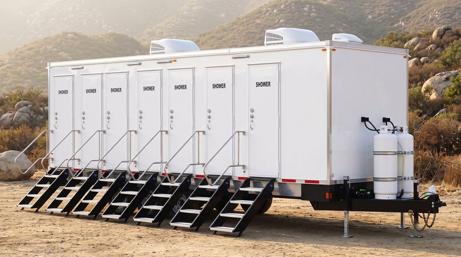 Private 8-station shower trailer rental parked in Corona, CA