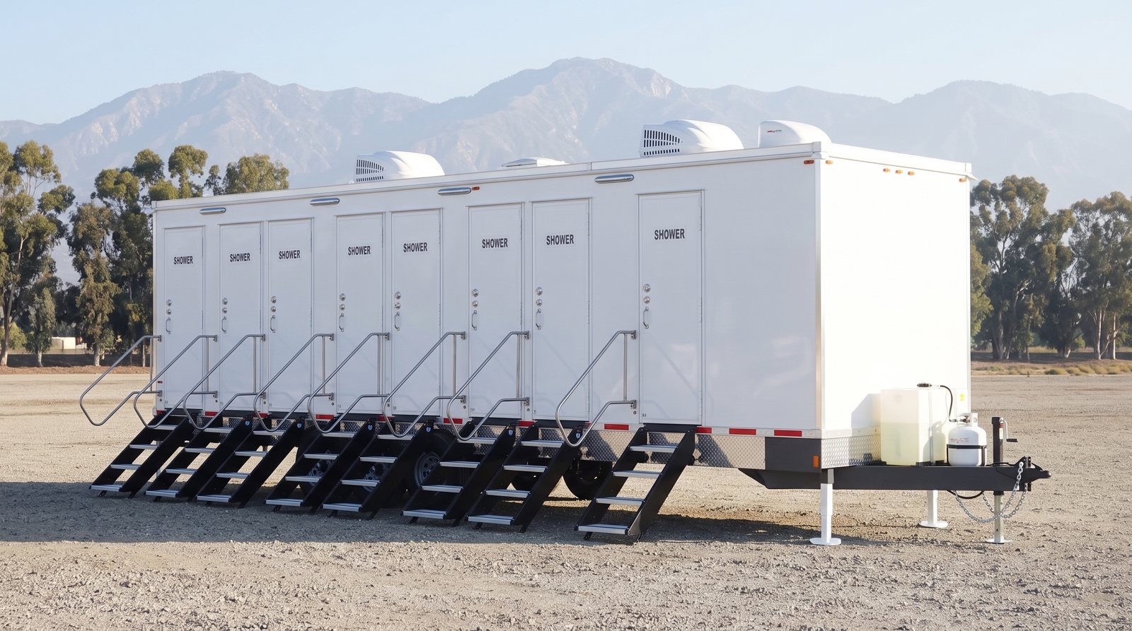 Private 8-station shower trailer rental parked in Fontana, CA