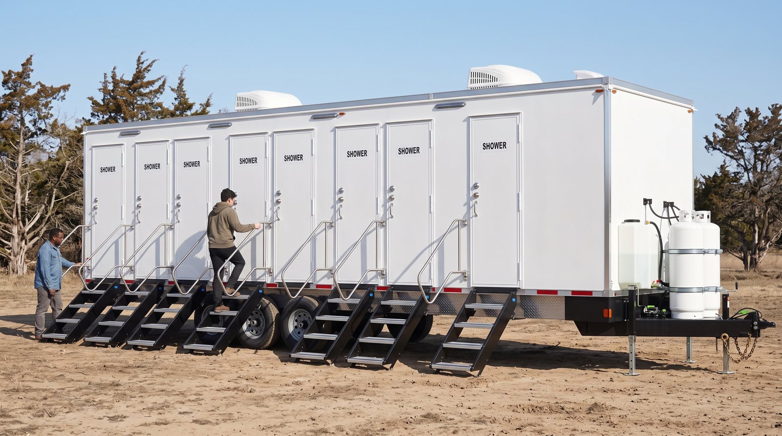 8-station shower trailer with two crew members climbing the stairs in a dry, open field