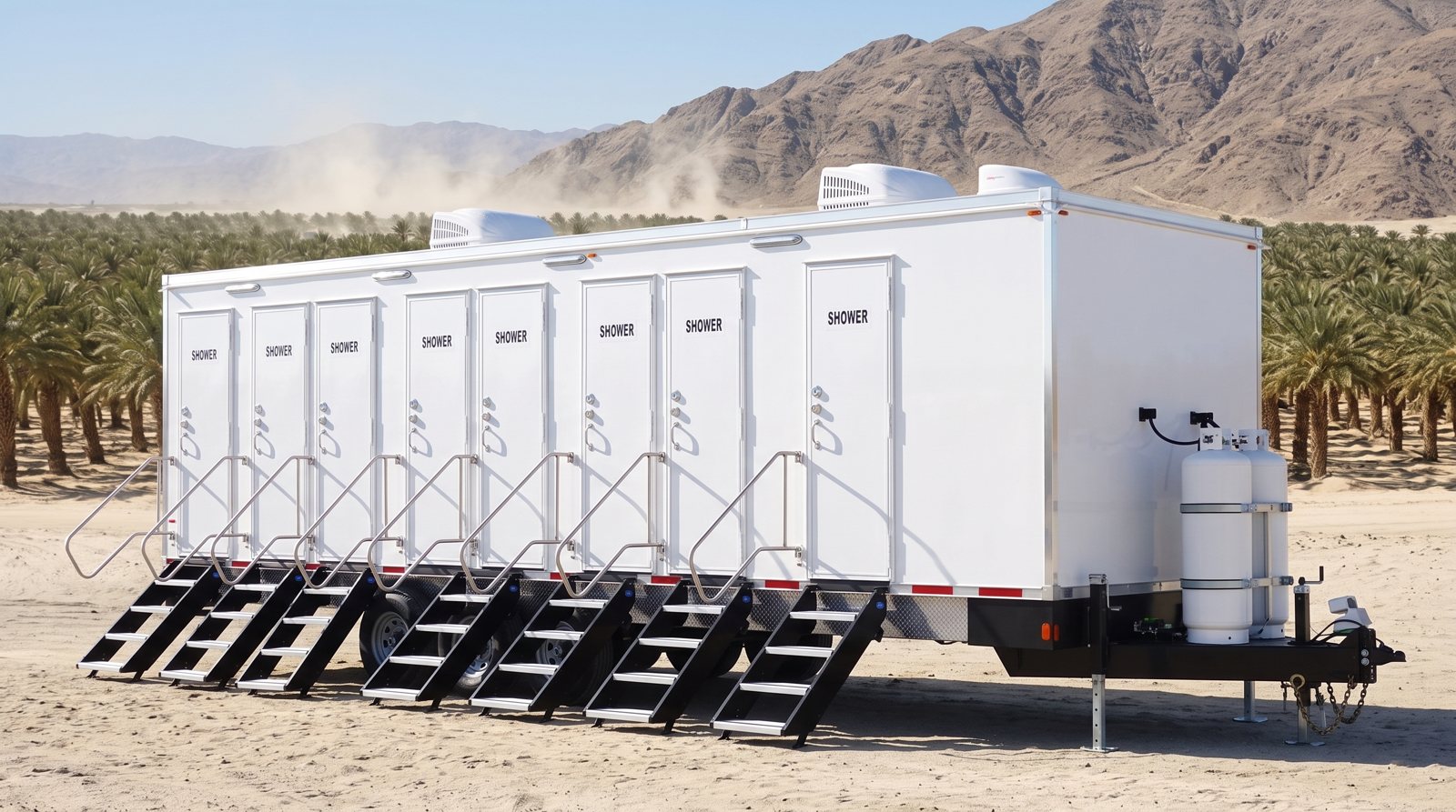Private 8-station shower trailer rental parked in Indio, CA