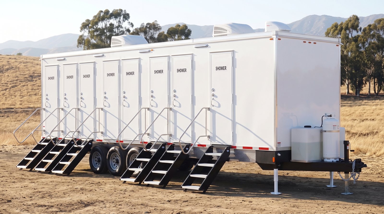 Private 8-station shower trailer rental parked in Irvine, CA