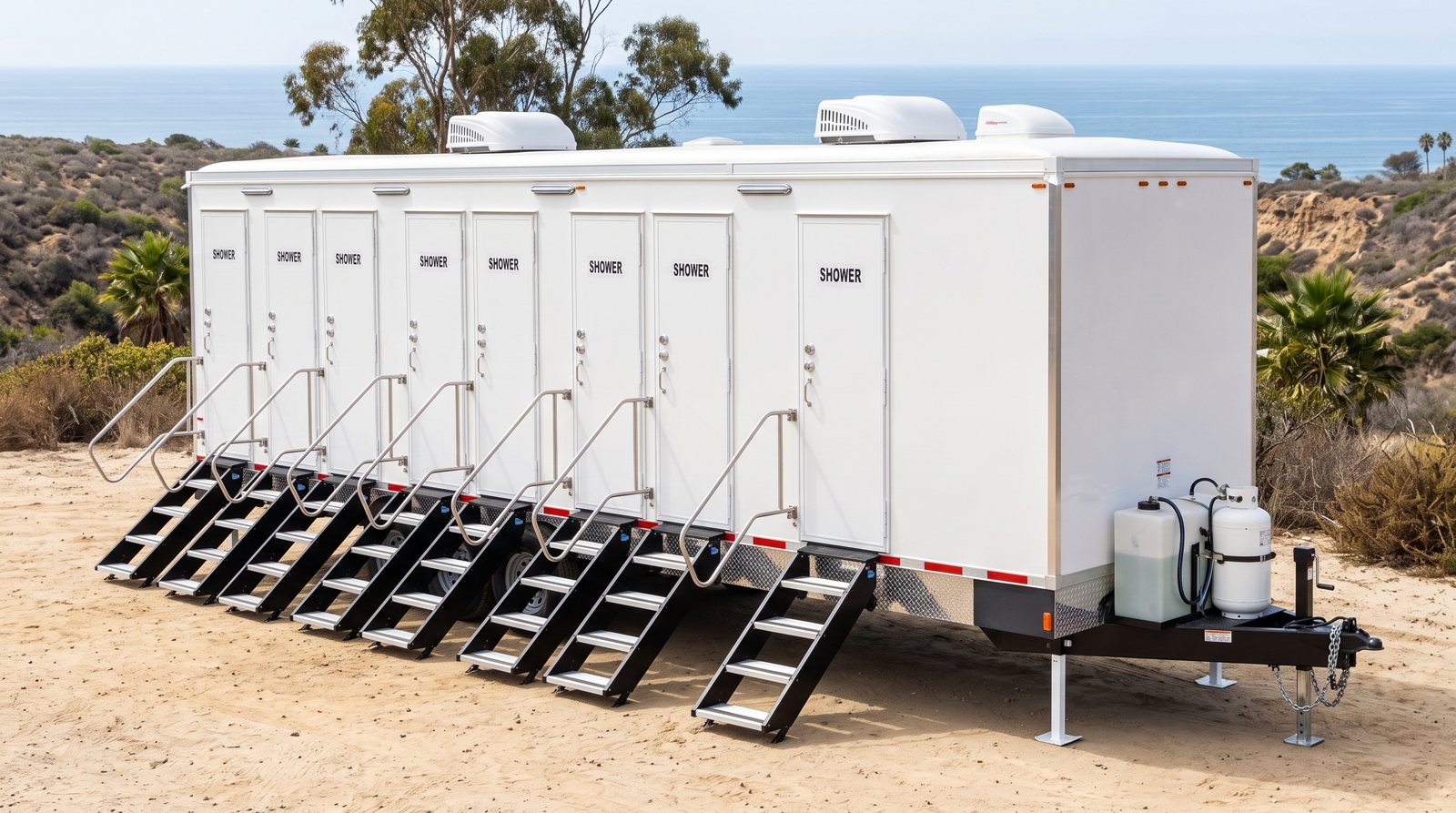 Private 8-station shower trailer rental parked in San Diego, CA