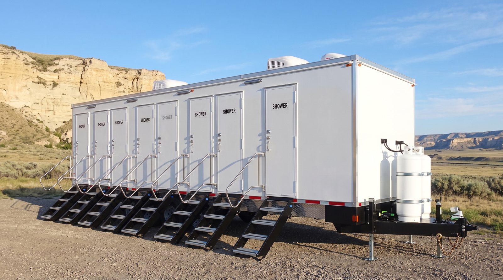 Private 8-station shower trailer on a gravel pad below sandstone rimrock cliffs, the kind of ground found around Billings, MT