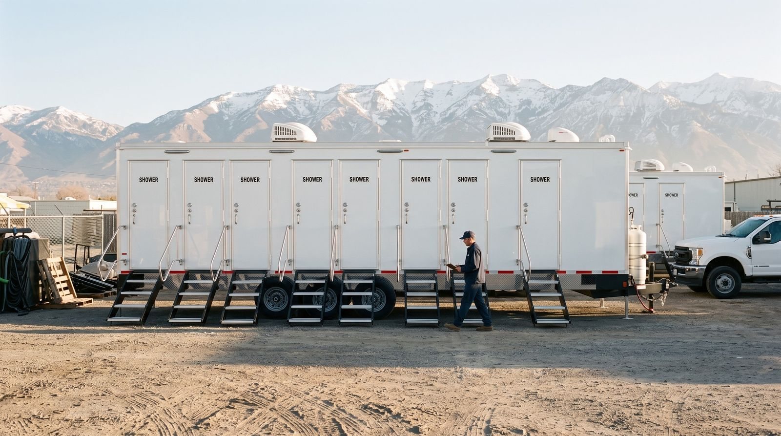 Private shower trailer set up on a site between Orem and Pleasant Grove