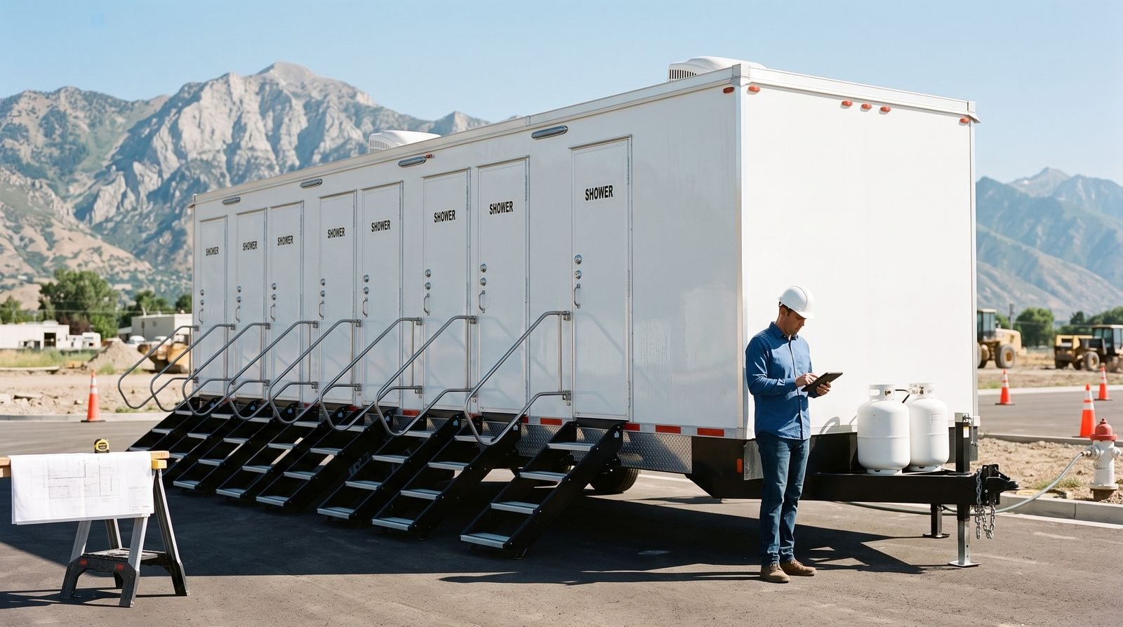 Shower trailer set up on a Utah Valley site