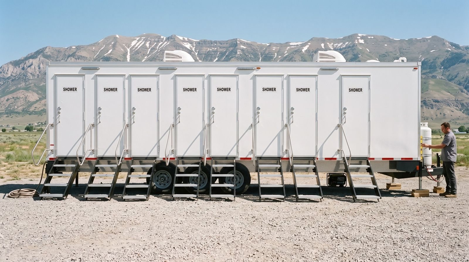 Shower trailer set up on a Utah Valley site, wider view
