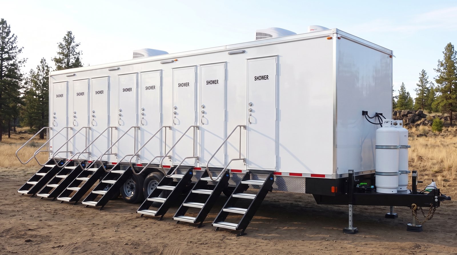 Private 8-station shower trailer rental parked in Spokane, WA