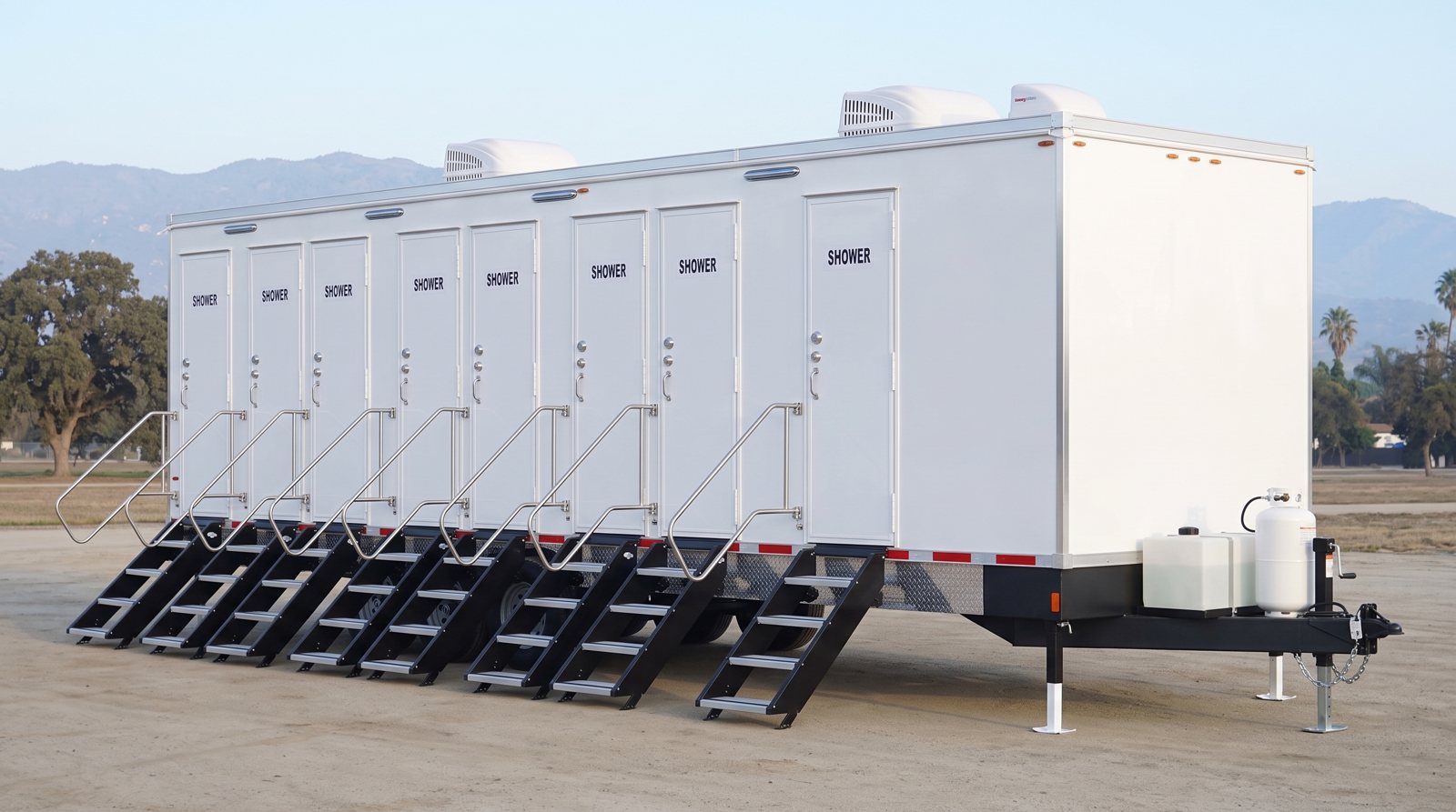 Private 8-station shower trailer rental parked in Sunnyvale, CA