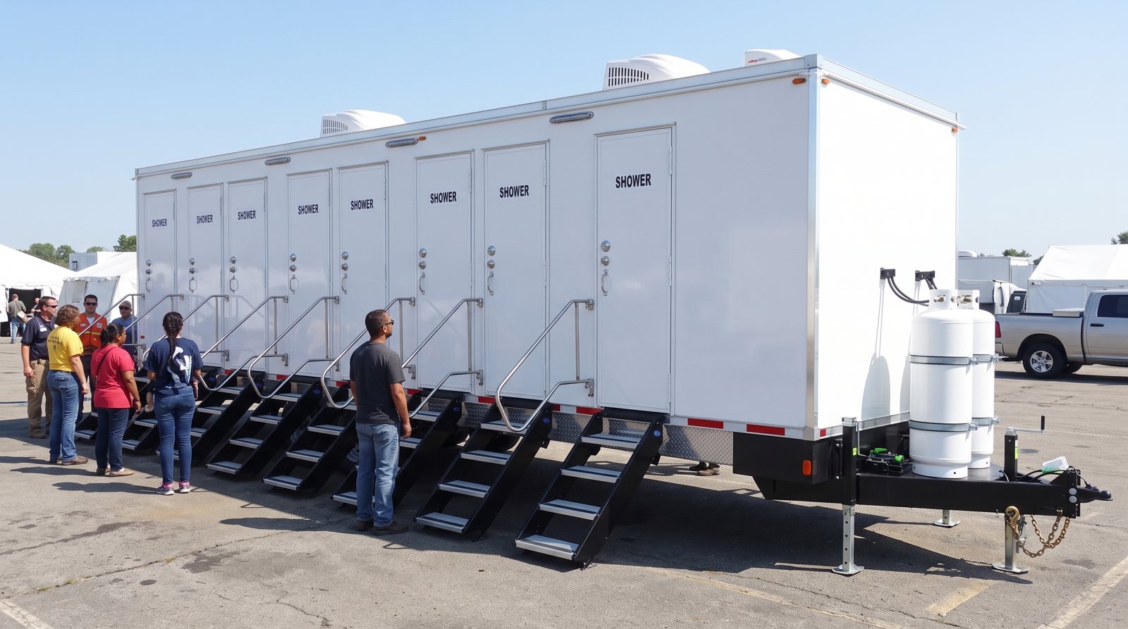 8-station shower unit set up for a corporate booking in the north Santa Clara Valley area