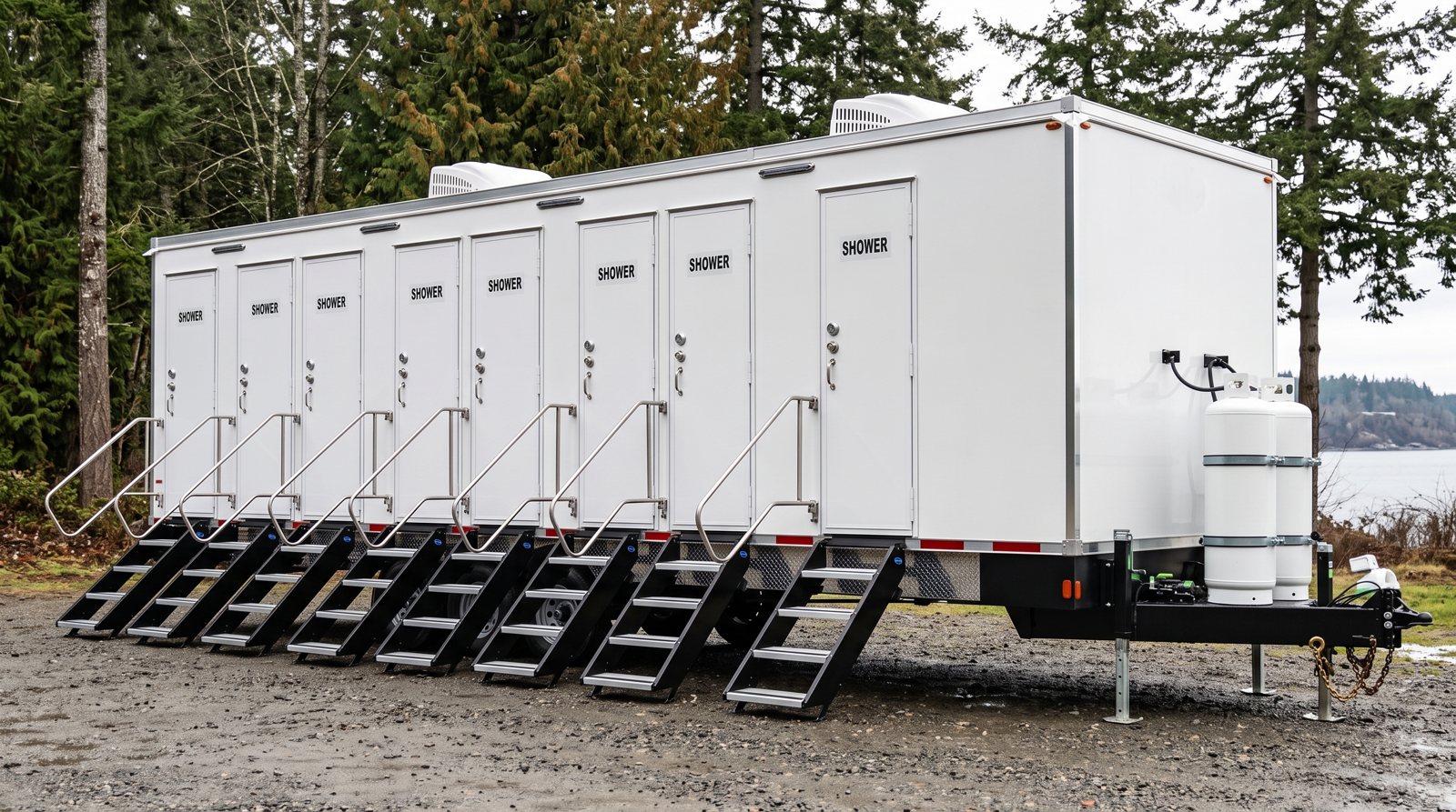 Private 8-station shower trailer rental parked in Tacoma, WA