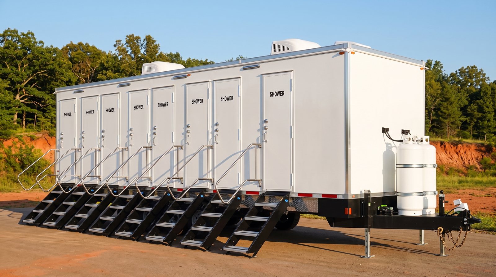 Private 8-station shower trailer rental parked in Tulsa, OK